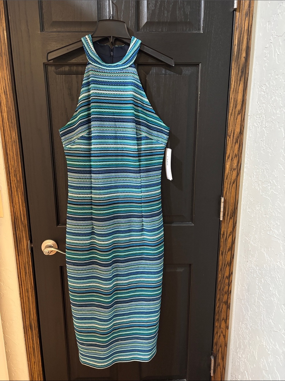 London Times Striped Halter Midi Dress in Teal, Aqua and Navy
